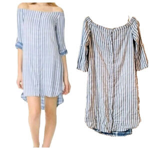 Cloth & Stone Anthro Womens Off Shoulder Shirt Dress Size XS Blue White Chambray